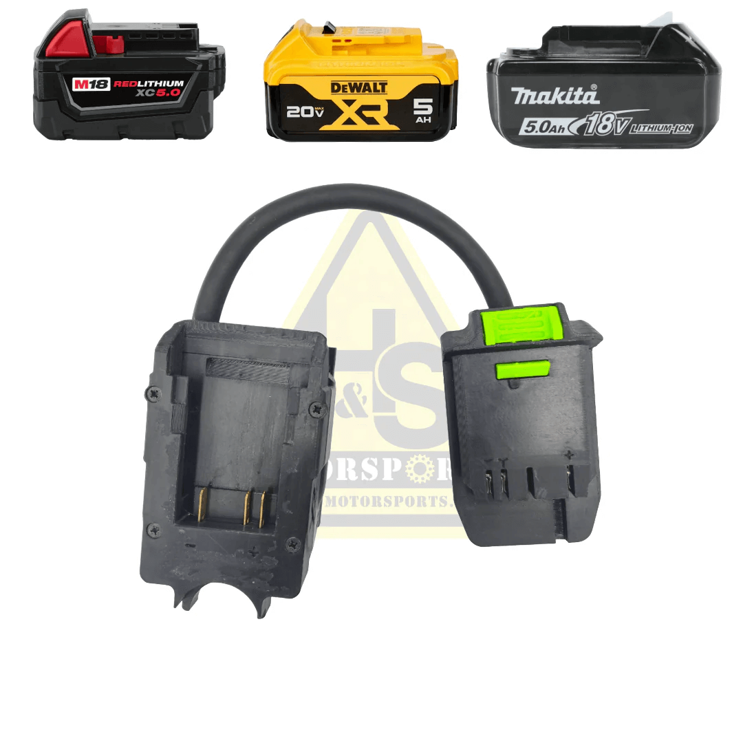 STACYC 12/16 battery adapter with Milwaukee, DeWalt, and Makita battery compatibility for electric bikes.