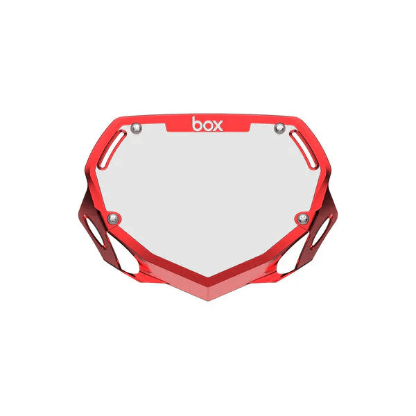 Red Chrome Box number plate with sleek design and ventilation openings for reduced weight and air resistance.